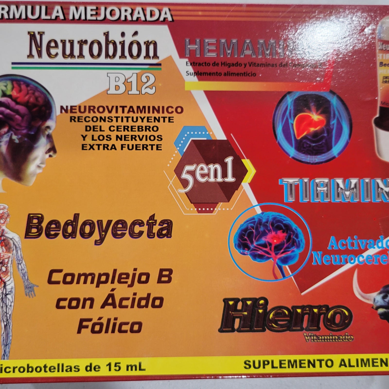 Neurobion b12, bedoyecta. 5 en 1 vitamina 10 microbotellas 15ml benible